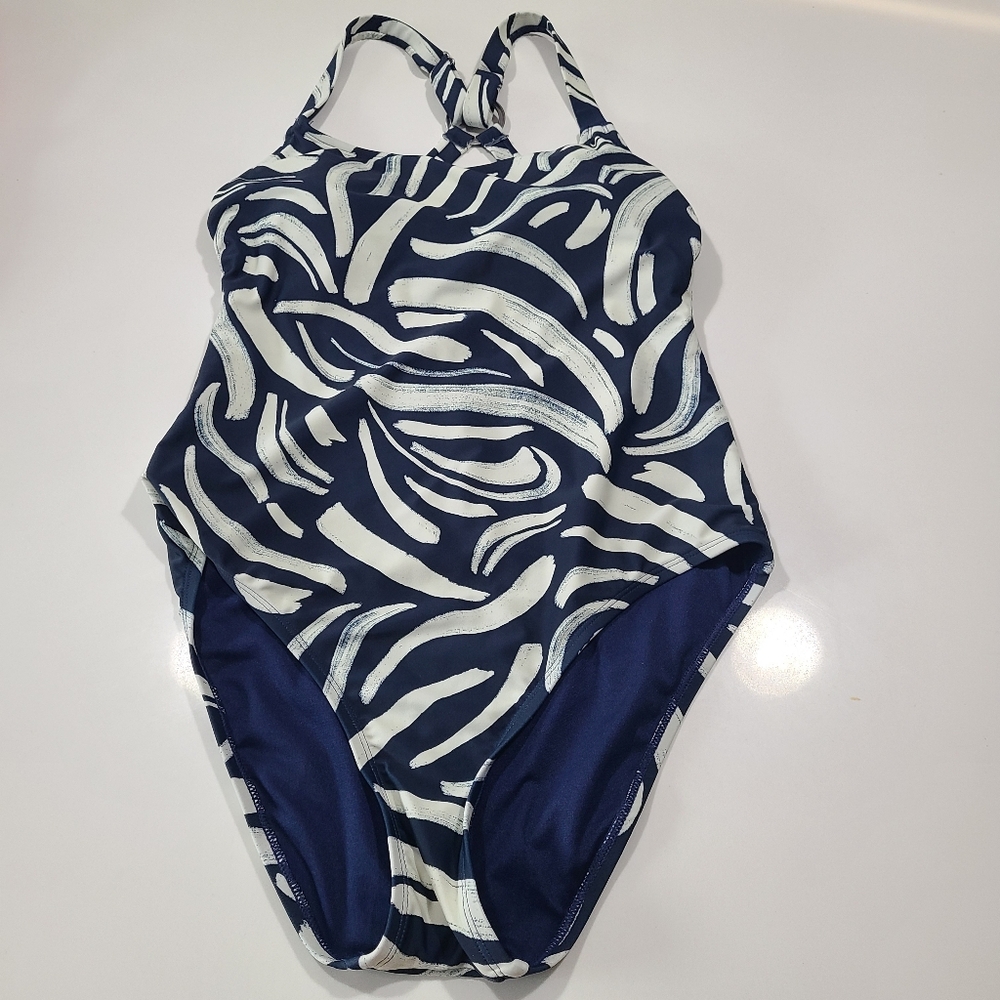 Hurley Blue and White One Piece Swimsuit with Crisscross Straps In Size Medium